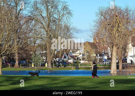 A flooded Manor Park caused by winter storms on a sunny winter's day Surrey England UK Stock Photo