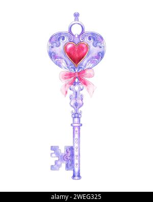 Luxury key design with heart . Valentines day object . Watercolor painting elements . Illustration . Stock Photo