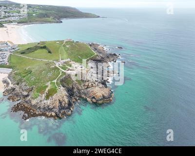 St Ives Head Cornwall UK drone , aerial , view from air Stock Photo