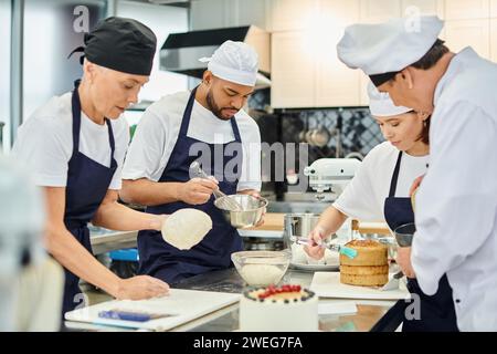 hard working multicultural chefs and chief cook working pasty together in kitchen, confectionery Stock Photo