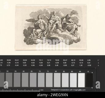 Three Divine Virtues on a Cloud, Anonymous, After Bernard Picart, 1717 - 1767 print From left to right: hope, love and faith.  paper etching the Three Theological Virtues Stock Photo