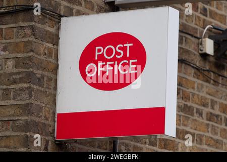 Harefield, UK. 25th January, 2024. A Post Office in Harefield in the London Borough of Hillingdon. Between the years of 1999 and 2015, the Post Office prosecuted hundreds of sub-postmasters and postmistresses based on Fujitsu's faulty Horizon IT system. A number of them wrongly spent time in prison for committing fraud. The European CEO of Fujitsu in Europe, Paul Patterson, has said the firm has a 'moral obligation' to contribute to a redress scheme for Post Office victims and he has apologised for the company's role in 'this appalling miscarriage of justice'. Credit: Maureen McLean/Alamy Stock Photo