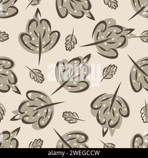 Brown leaf brush strokes seamless vector pattern background. Hand drawn leaves with dots on neutral background. Nature botanical backdrop all over Stock Vector