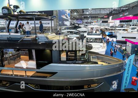 Large yachts, luxury yachts, in Hall 6 of BOOT 2024, the world's largest yacht and water sports trade fair in Düsseldorf, NRW, Germany Stock Photo