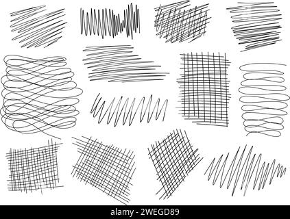 Hand drawn scribbles set. Black pencil curly lines, drawing squiggles, curvature strokes. Scrawl textured elements isolated on white background. vecto Stock Vector