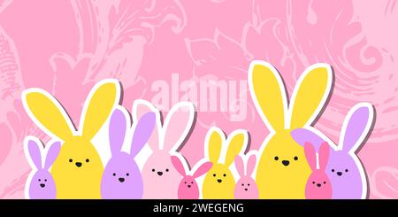 Greeting Easter card, colorful easter bunny family on floral background Stock Vector