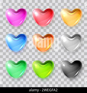 Colorful realistic 3d glass hearts set. Vector glossy plastic design elements collection. Multicolored heart shape, isolated on transparent background Stock Vector