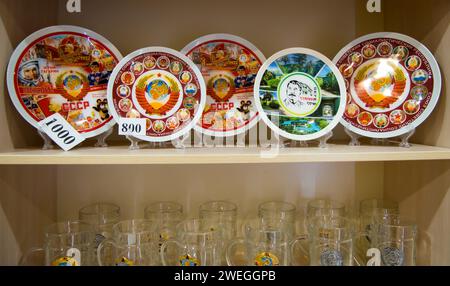 Sochi, Russia - February 12, 2023: Souvenir plates with symbols, I.V.’s dacha Stalin, Sochi Stock Photo