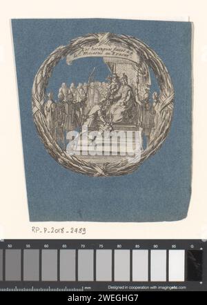 Fragment of a collage of cut out prints, stuck on blue paper, various manufacturers, c. 1680 - c. 1720 print. collage Audience of a man for a female prince. Fragment of a collage of cut out prints, stuck on blue paper.  paper snipping audition; ruler giving audience - BB - female ruler Stock Photo