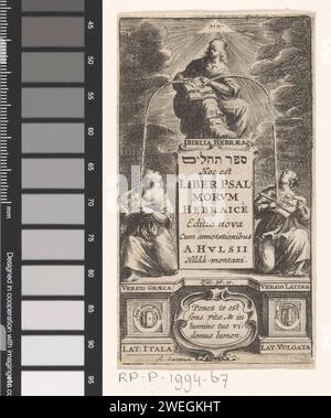 Allegory on the Hebrew Bible, Abraham Dircksz. Santvoort, 1650 print Upstairs a woman sits in the divine light with an opened Hebrew Bible on her lap. Two water jets spring from the book. One ends up with the left woman on the open Greek Bible and the other on the Latin Bible on the right. The women are on an elevation with the designation of the Bible translation before Hiëronymus and on the right the designation of the Bible translation after Hiëronymus. In the middle of a cartouche with a four -line, Latin text.  paper etching Bible. Hebrew script Stock Photo