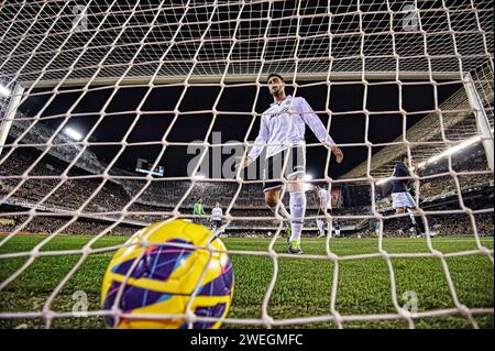 Spectacular image taken by a remote camera behind the goal during La Liga match of Valencia Football Club at the Mestalla stadium, Spain Stock Photo