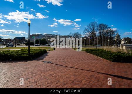 A wide-angle landscape photo of the grounds outside Union Station on a winter morning. Stock Photo