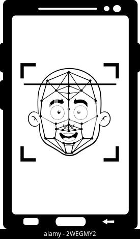 vector drawing illustration smartphone device scanning bald man head, facial recognition concept, drawn in black and white Stock Vector