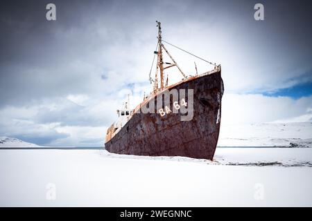 abandoned ship wreck Gardar BA 64, Djupavik, Iceland Stock Photo