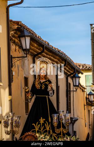 Zamora, Spain - April 7, 2023: Mary Magdalene sculpture during Holy Week processions Stock Photo