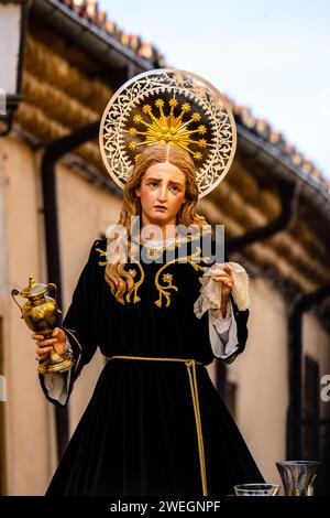 Zamora, Spain - April 7, 2023: Mary Magdalene sculpture during Holy Week processions Stock Photo