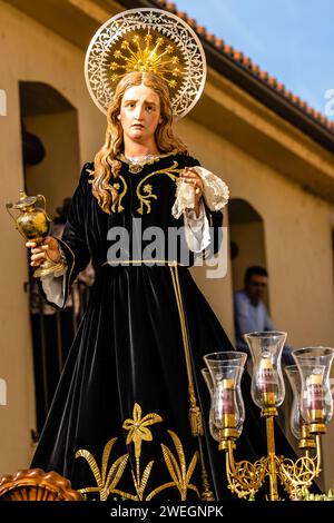 Zamora, Spain - April 7, 2023: Mary Magdalene sculpture during Holy Week processions Stock Photo