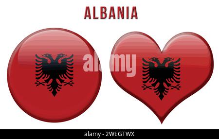 Albanian flag in rounded and heart shape buttons, vector illustration Stock Vector