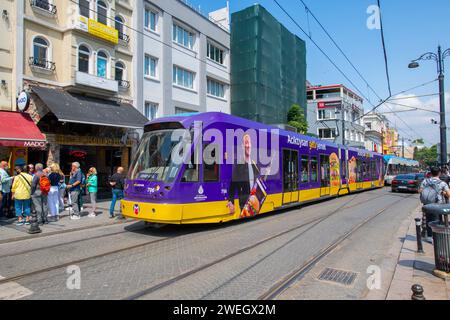 Istanbul Tram T1 line Bombardier Flexity Swift A32 on Divan Yolu Caddesi Avenue in Fatih near Sultanahmet Station in Istanbul, Turkey. Stock Photo