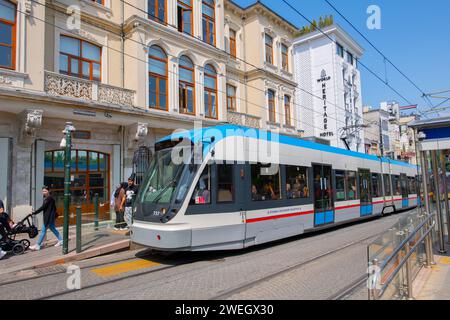 Istanbul Tram T1 line Bombardier Flexity Swift A32 on Divan Yolu Caddesi Avenue in Fatih near Sultanahmet Station in Istanbul, Turkey. Stock Photo