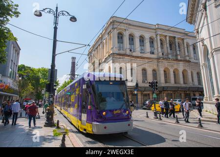 Istanbul Tram T1 line Bombardier Flexity Swift A32 on Divan Yolu Caddesi Avenue in Fatih near Sultanahmet Station in Istanbul, Turkey. Stock Photo