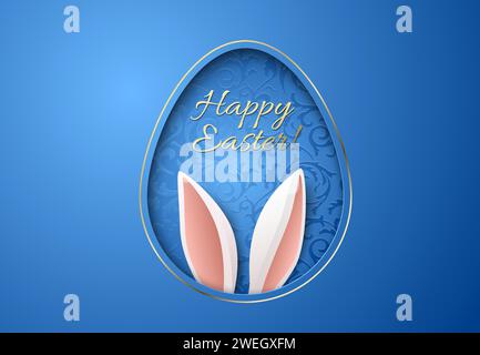 Easter greeting card with paper cut egg shape frame with bunny ears, floral pattern and gold Happy Easter lettering. Blue background with golden Stock Vector