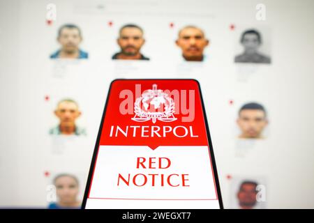 Interpol Colour In this photo illustration, the Interpol Red Notice logo is displayed ...