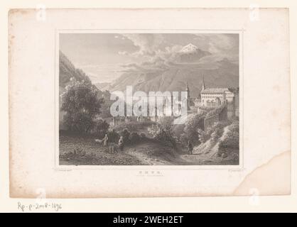 View of Pfäfers and the monastery of Pfäfers, Joseph Maximilian Kolb, after Ludwig Rohbock, 1834 - 1893 print   paper steel engraving prospect of village, silhouette of village. abbey, monastery, convent  Roman Catholic church Pfäfers Stock Photo