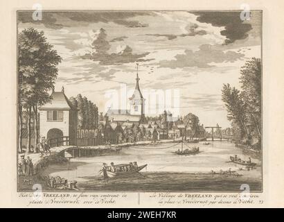 View of the Vrederust country estate on the Vecht in Vreeland, Daniël Stopendaal, 1790 print Text in Dutch and French in the lower margin. Numbered: 73. Print is part of an album.  paper engraving / etching river (+ landscape with figures, staffage). prospect of village, silhouette of village. country-house Vreeland. Vecht Stock Photo