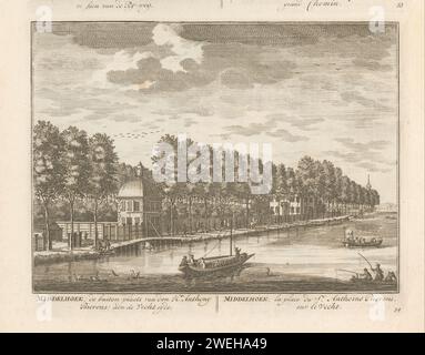 View of the country estate Middenhoek on the Vecht, Daniël Stendaal, 1790 print Text in Dutch and French in the lower margin. Numbered: 54. Print is part of an album.  paper engraving / etching river (+ landscape with figures, staffage). country-house Vecht. New -louse Stock Photo