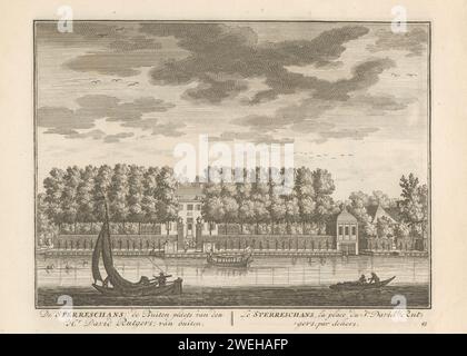 View of the country estate Sterreschans on the Vecht, Daniël Stendaal, 1790 print Text in Dutch and French in the lower margin. Numbered: 43. Print is part of an album.  paper engraving / etching river (+ landscape with figures, staffage). country-house Vecht. New -louse Stock Photo