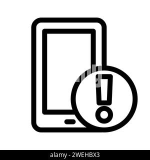 Vector black line icon warning sign on phone isolated on white background Stock Vector