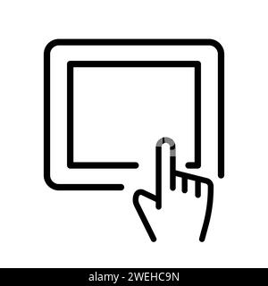 Vector black line icon hand presses the tablet screen isolated on white background Stock Vector