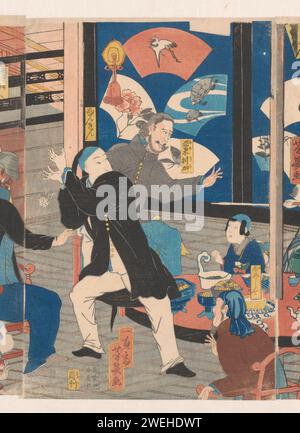 Foreigners during a drinking gelag in the Gankiro Tea house, Utagawa Yoshiiku, 1860 print Middle leaf of triptych.  paper  tea garden, garden restaurant. drinking Stock Photo