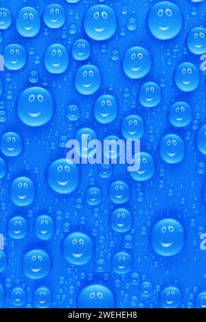 lots of funny little blue water drops on a blue surface, a smiley face reflected in each drop Stock Photo