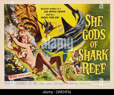 Theatrical poster for the film She Gods of Shark Reef (1958) Don Durant, Lisa Montell, Bill Cord. Stock Photo