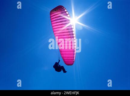 a purple, pink paraglider flies in the blue sky, backlit by the sun and lots of sunbeams Stock Photo