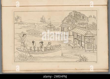 Chinese river landscape with four figures in a boat, 1727 - 1775 print Chinese river landscape with four figures in a boat. On the right on a scaffolding a rod. Print is part of an album.  paper etching Chinese. river. rowing-boat, canoe, etc.. angling Stock Photo