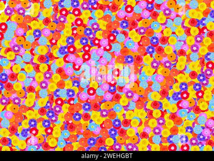 Background of many coloured flowers, yellow, red, orange, light blue, violet, pink, purple Stock Photo