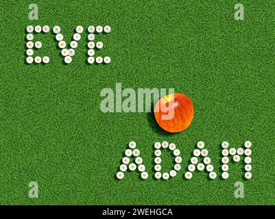 The names Adam and Eve written with daisies on a clover field and an apple as a symbol Stock Photo