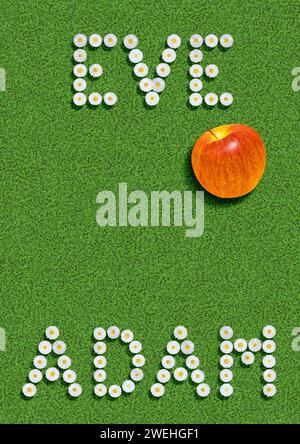 The names Adam and Eve written with daisies on a clover field and an apple as a symbol Stock Photo