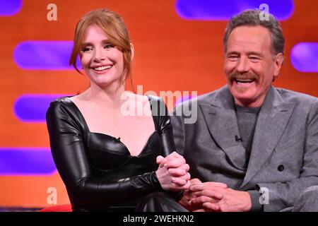 EDITORIAL USE ONLY Bryce Dallas Howard and Bryan Cranston during the filming for the Graham Norton Show at BBC Studioworks 6 Television Centre, Wood Lane, London, to be aired on BBC One on Friday evening. Picture date: Thursday January 25th, 2024. Photo credit: Matt Crossick/PA Wire Stock Photo