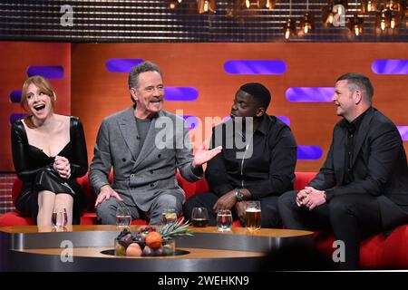 EDITORIAL USE ONLY Bryce Dallas Howard, Bryan Cranston, Daniel Kaluuya and Kevin Bridges during the filming for the Graham Norton Show at BBC Studioworks 6 Television Centre, Wood Lane, London, to be aired on BBC One on Friday evening. Picture date: Thursday January 25th, 2024. Photo credit: Matt Crossick/PA Wire Stock Photo