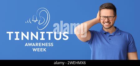 Banner for Tinnitus Awareness Week with young man having hearing disorder Stock Photo