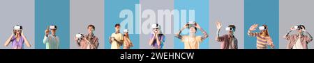 Collage of young man and woman with VR glasses on grey and blue backgrounds Stock Photo
