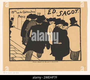 Business card of printer Edmond Sagot in Paris, 1892 print People on the sidewalk for the shop window of Edmond Sagot.  paper letterpress printing art dealer. art collecting. shop-window, show-window Guénégaud Street Stock Photo