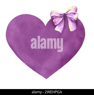 Watercolor heart for Valentines Day with bow isolated on white. Purple heart for design of prints, cards, invitations Stock Photo