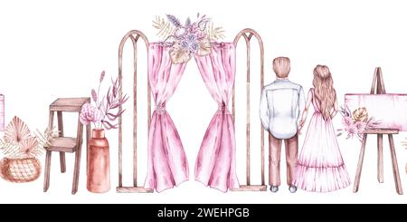 Watercolor horizontal wedding pattern with newlyweds and wedding arch and accessories in pastel shades in boho style. Bohemian wedding pattern for the Stock Photo