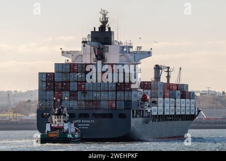 Lucie Schulte, the weekly banana container ship from Costa Rica, sails through Cobh to her berth in Ringaskiddy, Port of Cork, Ireland. Stock Photo