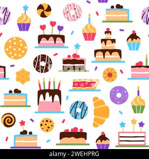 Pastry seamless pattern on white background. Stock Vector